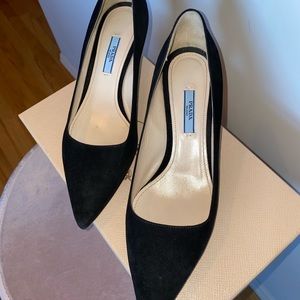 Black suede Prada kitty heel